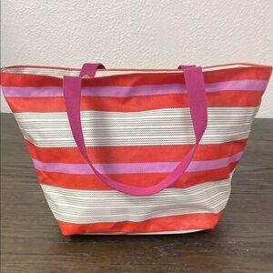 Fossil Key Per Coated Canvas Pink & Orange Multi Color Stripe Zip Tote & Shopper